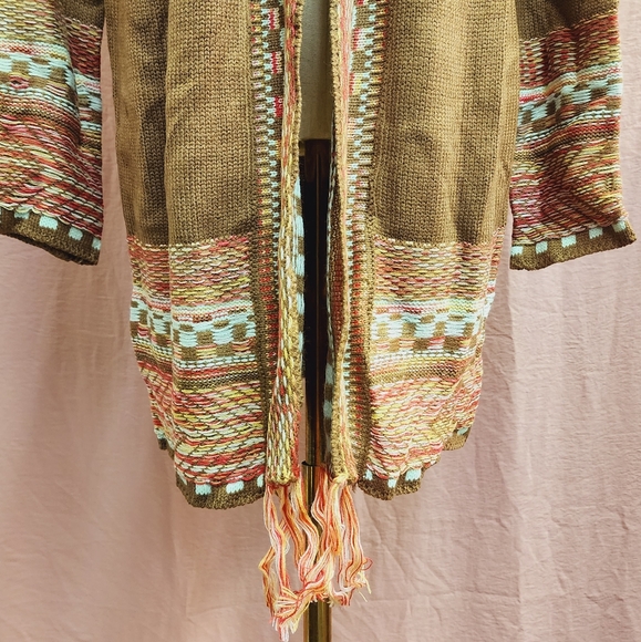 SHEIN LUNE Checkered & Geo Pattern Drop Shoulder Fringe Trim Duster Cardigan-(S) - Picture 8 of 10